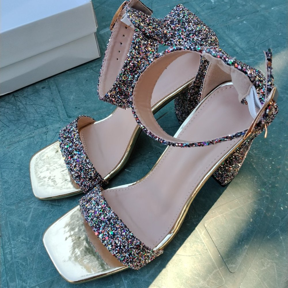 👠BRAND NEW Size 8 Women's Block Heels Shoes Multicolor Glitter Ankle Strap